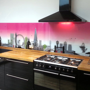 London skyline with a twist and hint of sexy pink printed glass splashback