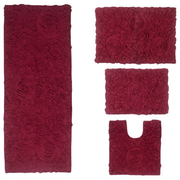Bell Flower Collection Tufted Bath Rugs, 4-Piece Set With Contour, Red