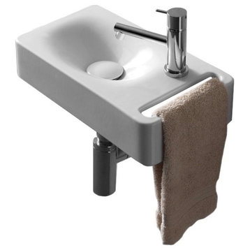 Rectangular White Ceramic Wall Mounted Sink With Towel Holder, One Hole