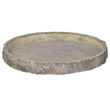 Benzara BM200902 Round Shape Cemented Log Plate With Distressed Details, Gray