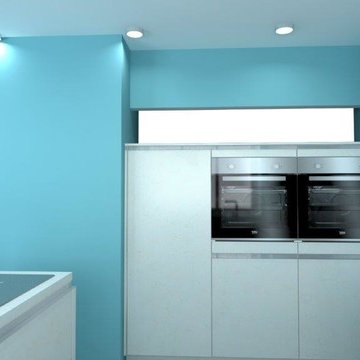 White Concrete Effect Handle-less Kitchen and Laminate Worktops