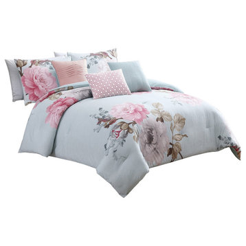 Queen Size 7 Piece Fabric Comforter Set With Floral Prints, Multicolor