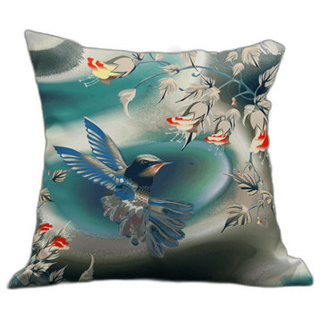 18" x 18" Turquoise Bird Blown Seam Floral Indoor Outdoor Throw Pillow