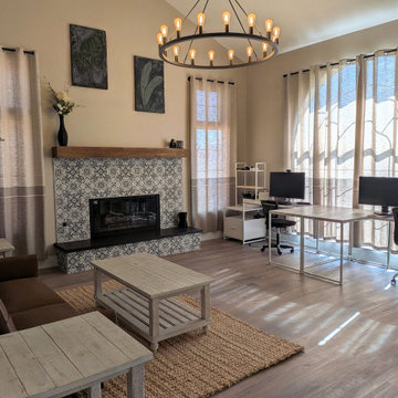 Living Room with Home Office and Tile Fireplace