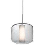 Besa Lighting - Besa Lighting 1JT-NILES10CO-SN Niles 10 - One Light Pendant with Flat Canopy - The Niles Amber Pendant is composed of a broad transparent amber glass cylinder, with an interesting bubble pattern blown randomly throughout the glass and exposed light source. The pleasing play of light through the bubble accents make for a striking affect, along with the popular theme of this transitionally designed pendant. The cord pendant fixture is equipped with a 10' SVT cordset and an low profile flat monopoint canopy. These stylish and functional luminaries are offered in a beautiful brushed Bronze finish.  No. of Rods: 4  Canopy Included: TRUE  Shade Included: TRUE  Cord Length: 120.00  Canopy Diameter: 5 x 5 x 0 Rod Length(s): 18.00Niles 10 One Light Pendant with Flat Canopy Clear Bubble/Opal GlassUL: Suitable for damp locations, *Energy Star Qualified: n/a  *ADA Certified: n/a  *Number of Lights: Lamp: 1-*Wattage:60w T10 Medium Base bulb(s) *Bulb Included:No *Bulb Type:T10 Medium Base *Finish Type:Bronze