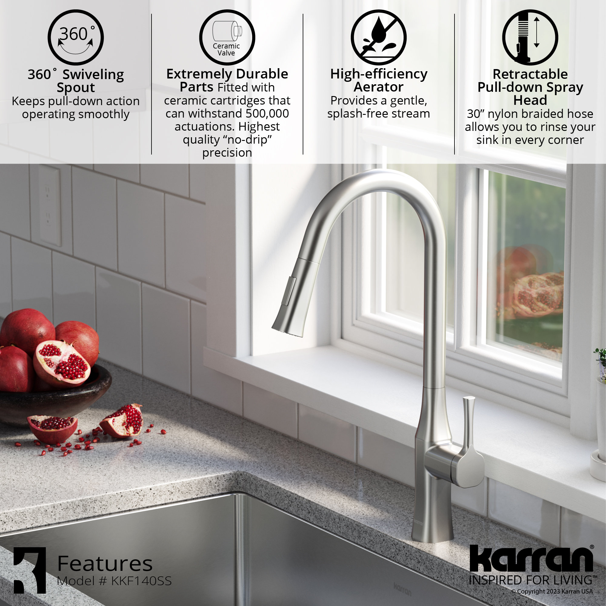 Karran KKF140 1-Handle Pull-Down Sprayer Kitchen Faucet, Stainless Steel