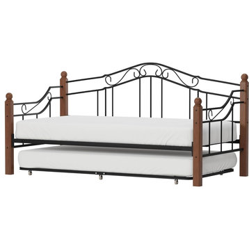 Twin Daybed,  Metal Frame With Scrolls Details & Pull Out Trundle, Black/Cherry