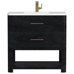 James Martin Furniture - Lucian 36" Single Vanity, Carbon Oak, 3 CM White Zeus Top - The Lucian 36" single vanity is a visual symphony, boasting a rich Carbon Oak finish that adds warmth and character to your space. Complemented by Champagne Brass hardware, the ribbed detail is meticulously crafted. Two drawers provide discreet storage, while the lower shelf adds a touch of versatility. With the addition of a classic White Zeus Silestone top and undermount sink, this vanity is a seamless integration of modern design and functionality.