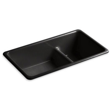 Kohler Iron/Tones Top/Under-Mount Double-Bowl Kitchen Sink, 33"x18-3/4"x9.63", Black Black