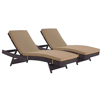 Modern Contemporary Outdoor Patio Chaise Lounge Chair, Set of 2, Brown, Rattan