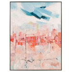 Elk Home - Skyline Hues Framed Wall Art - Skyline Hues is a hand-painted abstract on canvas. Encapsulating an impressionistic cityscape, this piece features an unexpected palette of warm coral tones and shifting blues. Perfect for bringing a pop of color to a modern style interior, this piece is finished with a floating champagne finish frame, adding to its luxe appeal.