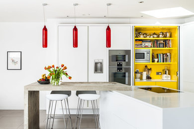 Photo of a contemporary kitchen in London with flat-panel cabinets, white cabinets, stainless steel appliances and an island.