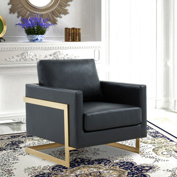LeisureMod Lincoln Modern Leather Accent Arm Chair With Gold Frame, Black