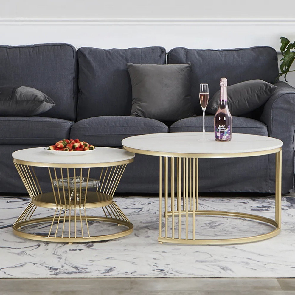 Modern White Nesting Coffee Tables Round Set of 2 With Stone Top ...