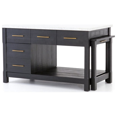 Netta Black Kitchen Island with Marble top - Black Acacia