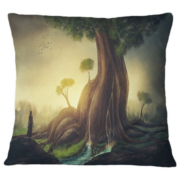 Giant Tree With Woman Abstract Throw Pillow, 16"x16"