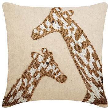 Designer Animal Pillow Cover 16"x16" Beige Linen Bead Embroidery, Giraffe Talk