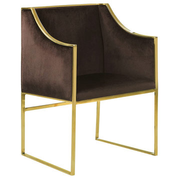 Modern Accent Chair, Polished Brass Stainless Steel Frame and Brown Velvet Seat