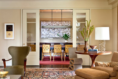 Enclosed dining room - mid-sized transitional dark wood floor and brown floor enclosed dining room idea in New York with beige walls and no fireplace