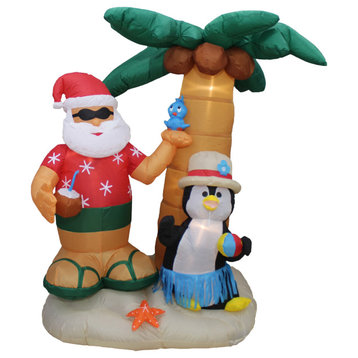Christmas Inflatable Santa Claus & Penguin on Deluxe Vacation and Palm Tree, 7'