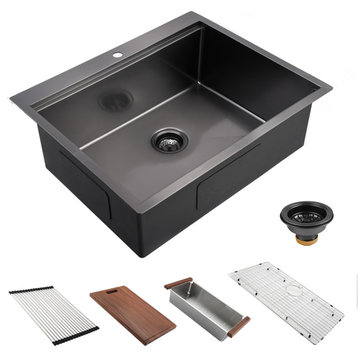 Drop In Stainless Steel Single Bowl Workstation Kitchen Sink, Gunmetal Black, 30 X 22