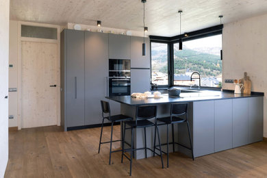 Diseño de cocinas en U moderno abierto con armarios con paneles lisos, puertas de armario grises, suelo de madera en tonos medios, península y suelo marrón