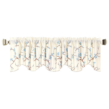 Cherry Blossom Embroidery Window Curtain Valance, Light Blue, 19" X 60"