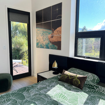 Custom black velvet headboard and art!