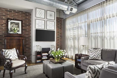 Mid-sized urban open concept carpeted and gray floor family room photo in Detroit with white walls, no fireplace and a wall-mounted tv