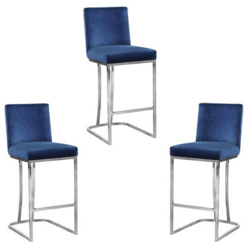 Home Square 3 Piece Silver Metal Base Velvet Counter Height Stool Set in Navy