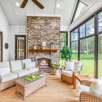 Outdoor Brick Fireplace in Sunroom