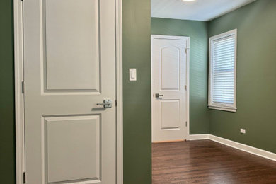 Mid-sized minimalist master dark wood floor and brown floor bedroom photo in Chicago with green walls