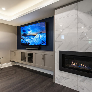 A basement with a hue of blue and sparkle