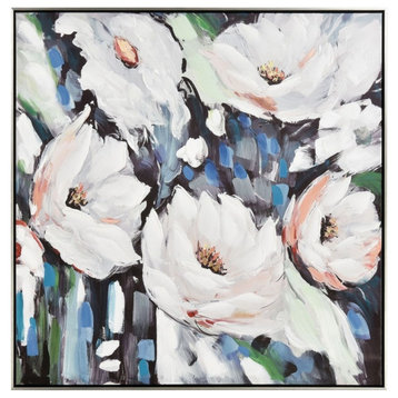 Framed Peony Flower in Bloom Abstract Acrylic Painting on Canvas for Cottage