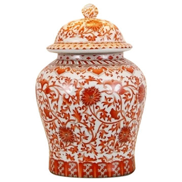 Orange/Coral and White Porcelain Chinoiserie Temple Jar 13"