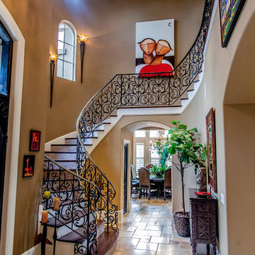 porcelain stair risers with wood treads, cast iron railings