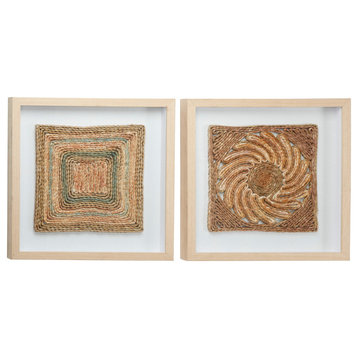Square Shadow Boxes With Earth Tone Rope Abstract Art, Set of 2