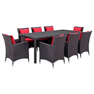Modern Urban Outdoor Patio 9-Piece Dining Chairs and Table Set, Red, Rattan