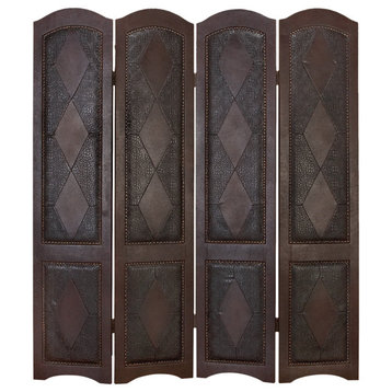Unique 4 Panel Room Divider, Diamond Patterned Faux Leather Screens, Dark Brown