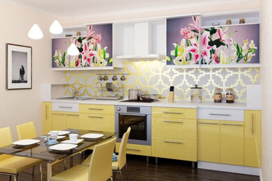 Kitchen photo in Houston with flat-panel cabinets and wood countertops