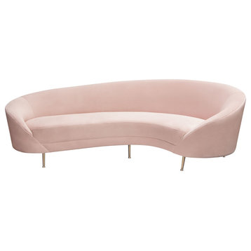 Celine Curved Sofa With Contoured Back With Gold Metal Legs, Blush Pink Velvet