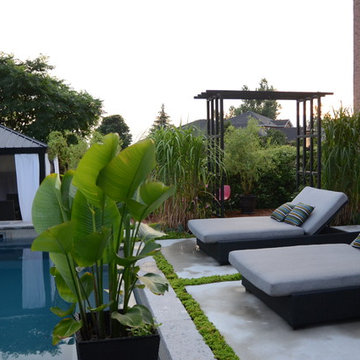 Modern Landscape with Fiberglass Pool, slab patio, water feature and more!