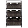 Leo 7-Piece Storage Shelf With 6 Foldable Woven Baskets, Espresso And Chocolate