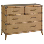 Tommy Bahama Home - Bermuda Sands Chest - Highly versatile, the 4-drawer chest features leather-wrapped bamboo carved moldings, a raffia top, drawer fronts and end panels and a protective glass top. The chests can be used in a bedroom or paired with a mirror in a foyer to create a distinctive look. The chest is also available in custom Red Coral and Pacific Teal finishes.