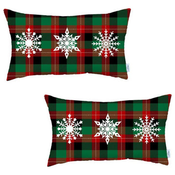 Set of 2 Christmas Snowflake Trio Plaid Lumbar Pillow Covers
