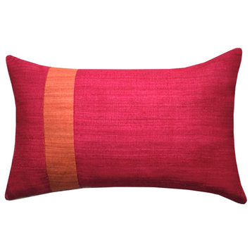 Modern Silk Color Block Lumbar Pillow Cover, Fuchsia, 12" X 18"