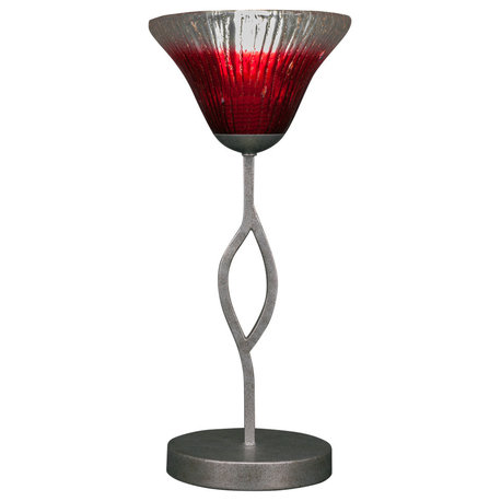 Revo Mini Table Lamp In Aged Silver, 7" Raspberry Crystal Glass