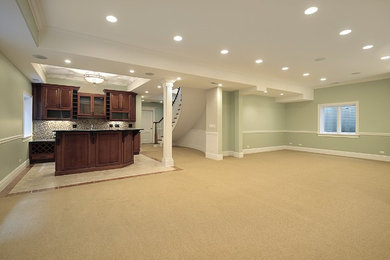 Basement - large traditional walk-out carpeted and beige floor basement idea in DC Metro with multicolored walls, a standard fireplace and a stone fireplace