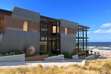 Inspiration for a large modern gray three-story metal exterior home remodel in Los Angeles