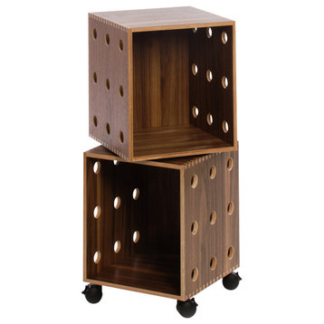 Modern Low Stacking Cube Bookcase, Offi Perf Boxes, Walnut
